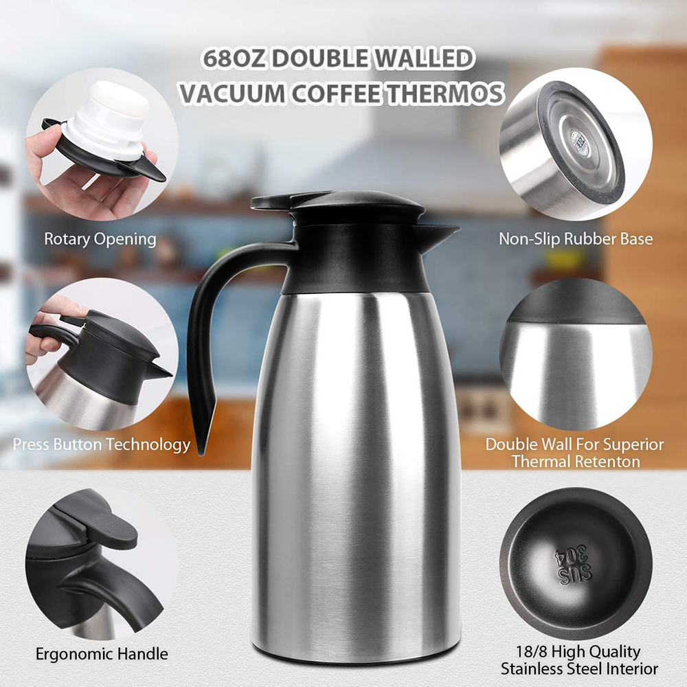 2l Stainless Steel Thermos Flask Tea Coffee Carafe Double Wall