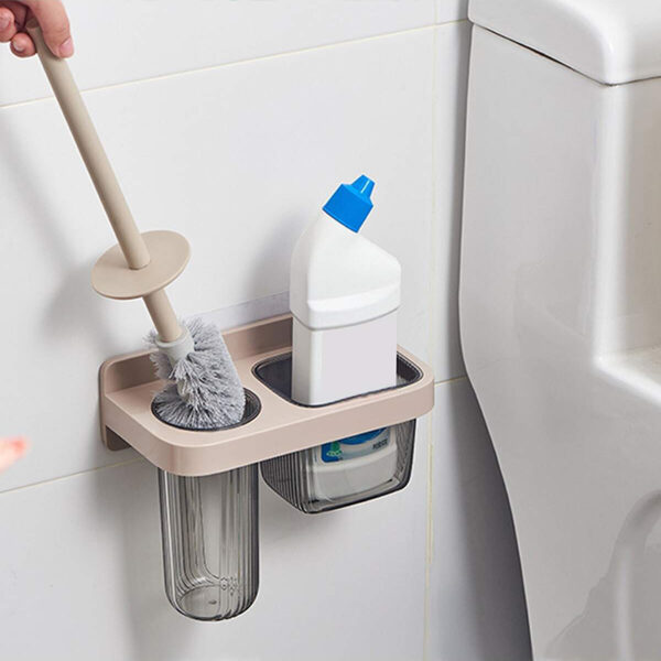2-Pieces Multifunctional Wall Mounted Toilet Cleaning Brush with Self-Adhesive Acrylic Holder and Caddy, Space Saving Bathroom Accessories
