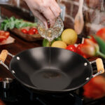 Heavy Duty Carbon Steel Wok Pan with Stainless Steel and Wooden Handles Non Stick Round Casserole for Electric Induction and Gas Stoves