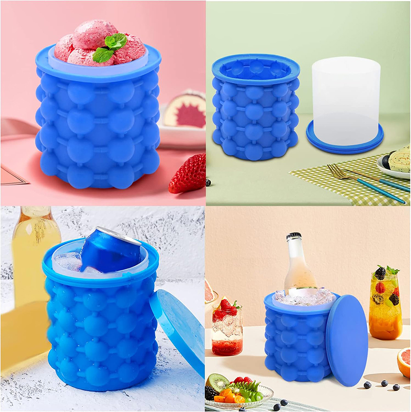 Ice Cube Tray, Silicone Ice Bucket with Lid, BPA Free, 2 in 1 Portable Ice  Cube Maker, Ice Cube Mold Genie for Frozen Whiskey, Cocktail, Beverages,  Blue 