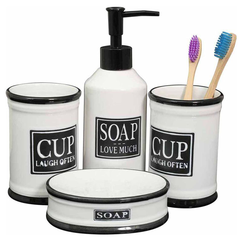 4Piece Ceramic Bathroom Accessory Set including Soap Dispenser, Soap