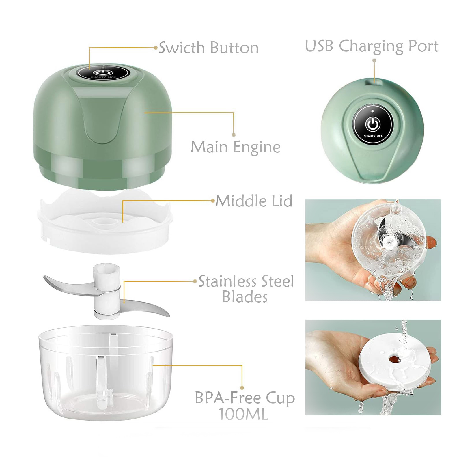 250 ml USB Rechargeable Mini Electric Food Chopper for Dicing Ginger