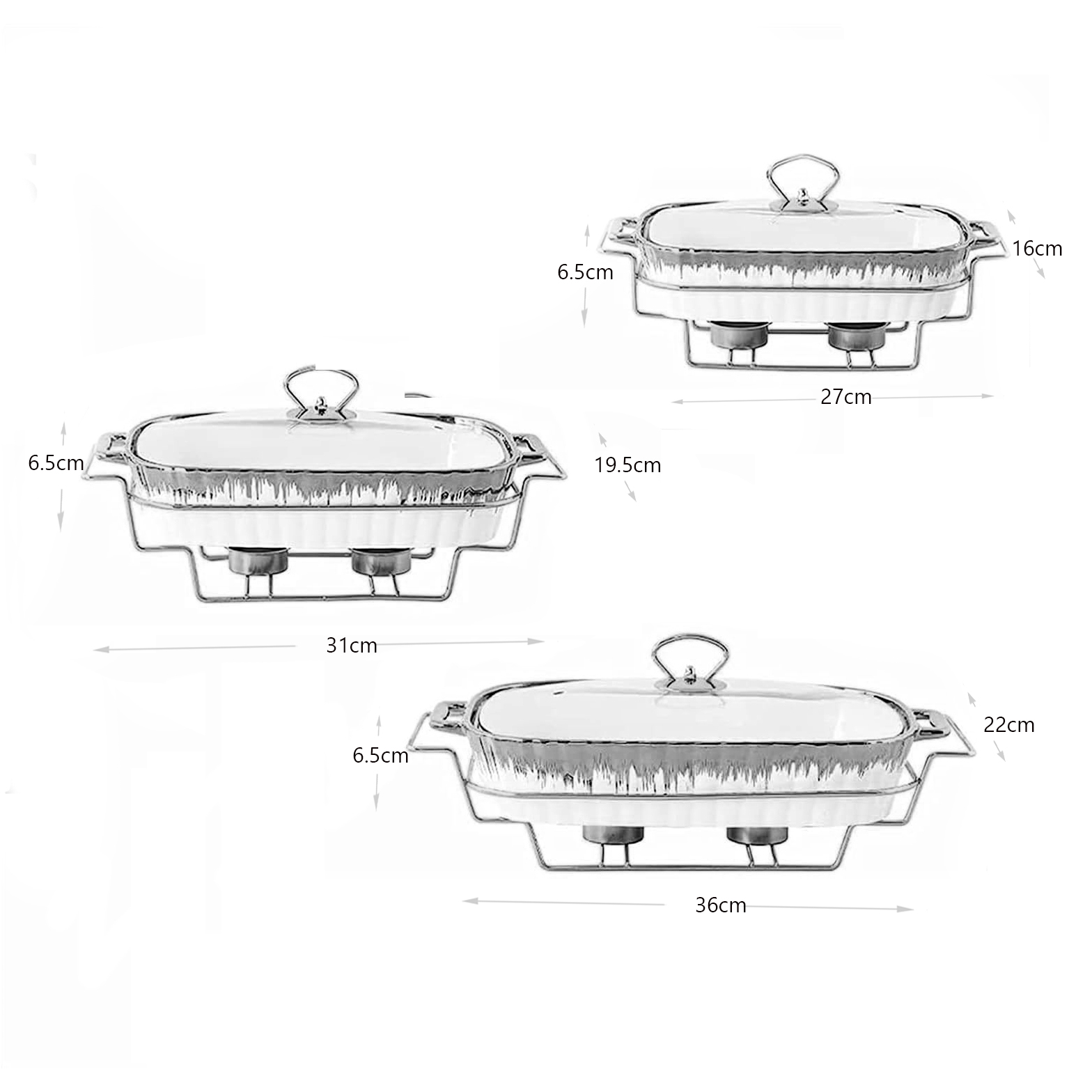 Set of 3 Porcelain Food Warmers with Handles and Metal Candle Stand Set