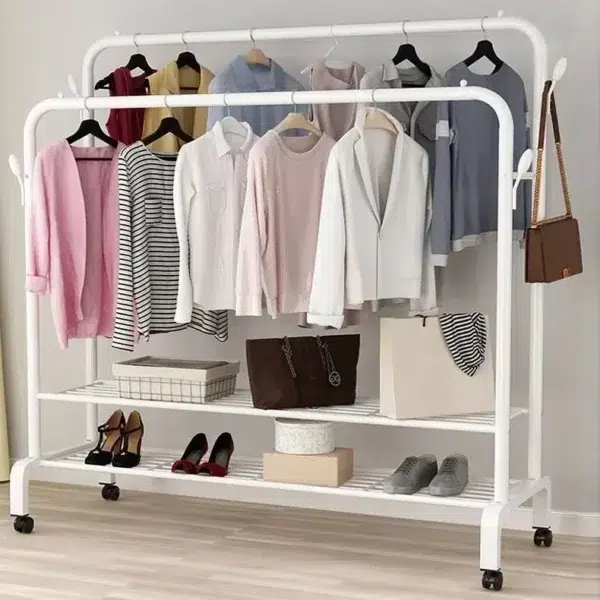 Heavy Duty Double Rod Rolling Garment Rack with Bottom Storage Shelf
