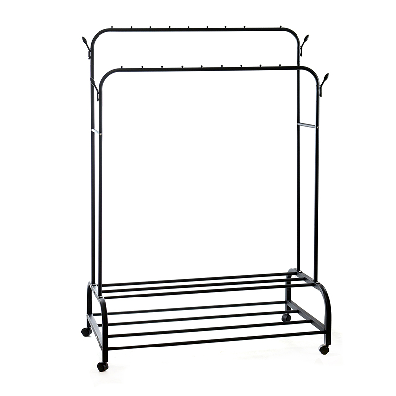 Heavy Duty Double Rod Rolling Garment Rack with Bottom Storage Shelf for Hanging Clothes