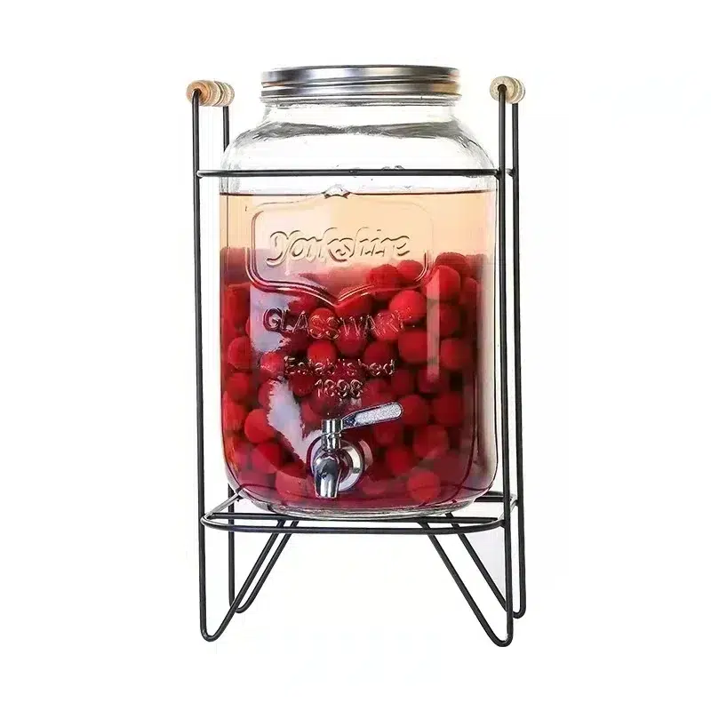 5 L, Glass Beverage Dispenser with Metal Wire Stand and Wooden Handles