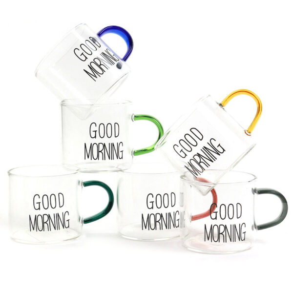 75 ML Set of 6 Mini Good Morning Glass Cup with Color Handle Clear Glass Cups for Coffee and Tea