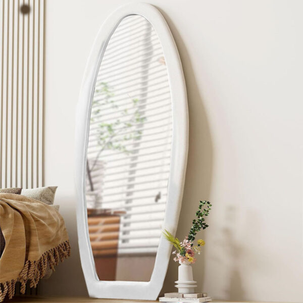 160 CM Oval Floor Mirror Wall Mirror Standing or Leaning Against Wall for Bedroom Suede Wrapped Wooden Frame Mirror White