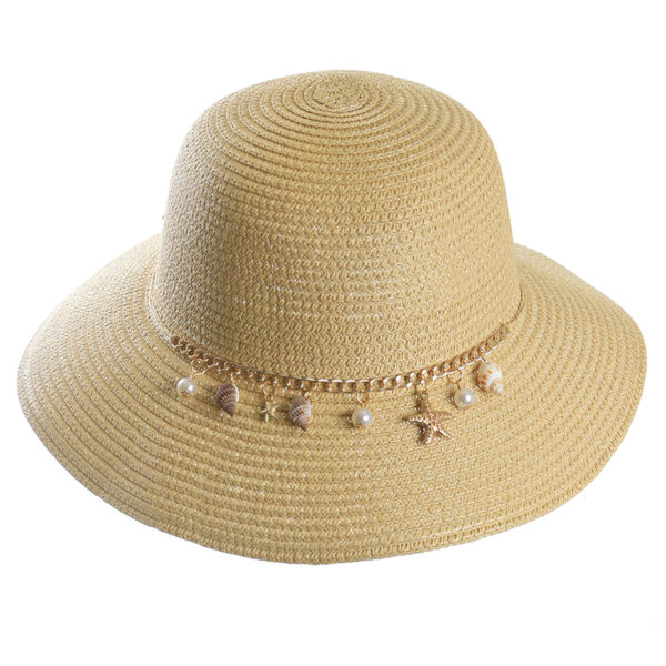 Women's Sea Shell Straw Hat with Gold Chain