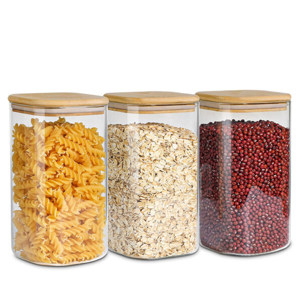 15 CM Borosilicate Glass Food Storage Container with Bamboo Wooden Lid and Silicone Ring for Rice Flour Lentils Cereal 1 Piece