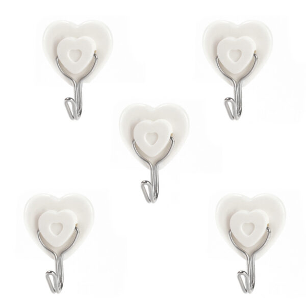 5 Pieces Wall Mounted Self Adhesive Heart Shaped Plastic Hooks for Bathroom Bedroom Kitchen and Office White