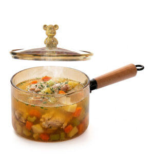 16 CM Heat Resistant Borosilicate Glass Saucepan with Lid and Wooden Handle for Pasta Soup Milk Stovetop Microwave and Dishwasher Safe
