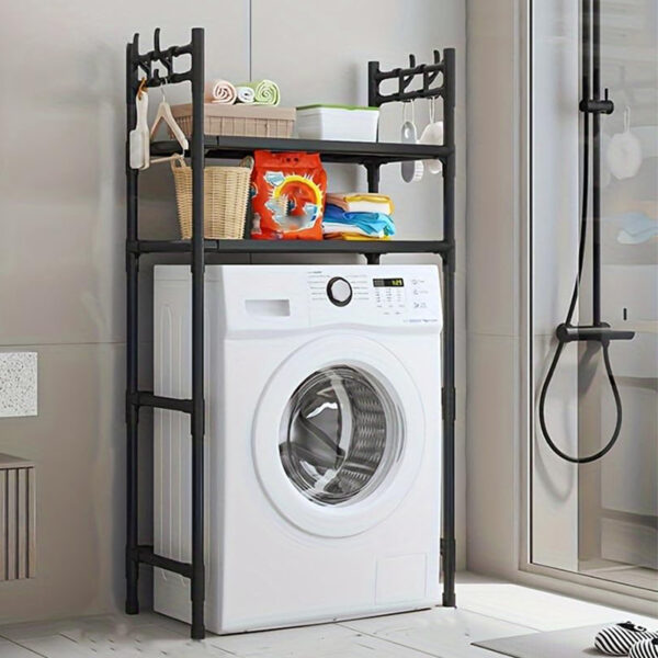 2 Tier Freestanding Storage Shelf with 4 Hooks Organizer Rack Over the Washing Machine or Toilet for Bathroom Laundry Room Kitchen Black