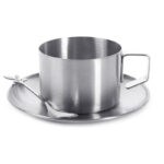 230 ML Multipurpose Stainless Steel Cup with Handle Saucer and Spoon Unbreakable Cups for Meghli Coffee and Milk Silver