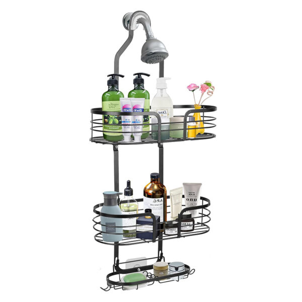 68 CM Anti Swing Metal Hanging Shower Caddy Over Shower Head 3 Tier Storage Shelves with Hooks for Razors loofah Body Lotion Shampoo, Black