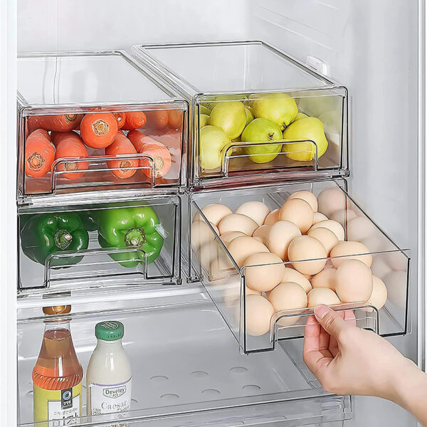 Clear Acrylic Fridge Drawers with Lids, Stackable Pull Out Organizer Bin with Removable Drain Trays for Kitchen, Refrigerator, Cabinet