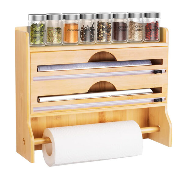 4 in 1 Bamboo Ziplock Foil and Plastic Wrap Organizer with Cutter for Kitchen Drawer or Wall Mount Spice Storage Rack and Kitchen Paper Holder