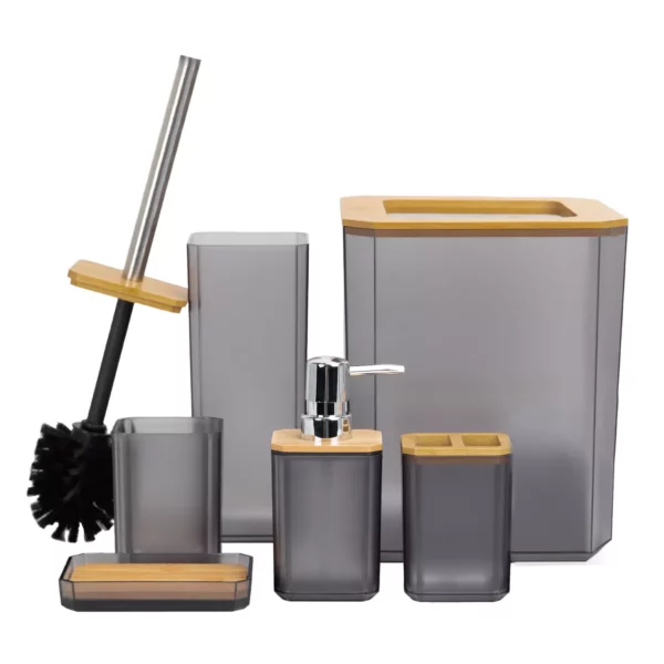 6 Pieces Bamboo Bathroom Accessories Set Including Soap Dish Toothbrush Holder Toothbrush Cup Soap Dispenser Trash Can and Toilet Brush Gray