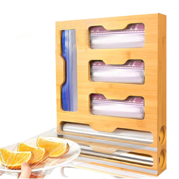 Bamboo Ziplock Bag Organizer for Kitchen Drawer or Wall Mount 6 in 1 Baggie Organizer for Snack Sandwich Storage Bags Foil and Plastic Wrap Dispenser
