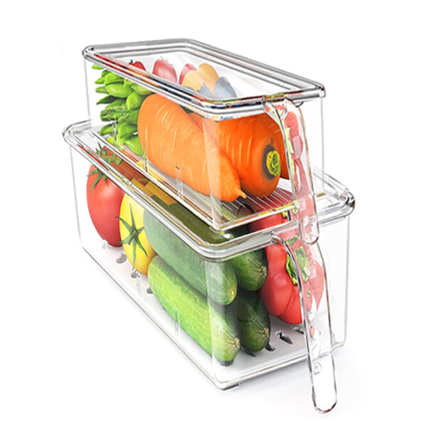 Set of 2 Clear Acrylic Stackable Organizer Bin with Lid and Drain Tray Multipurpose Storage Bins with Handle for Kitchen Pantry Refrigerator