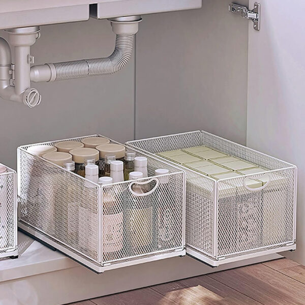 40 CM Pull Out Cabinet Organizer with Adhesive Nano Film Slide Out Pantry Shelves Slide Cabinet Storage Basket with Handle for Kitchen Under Sink