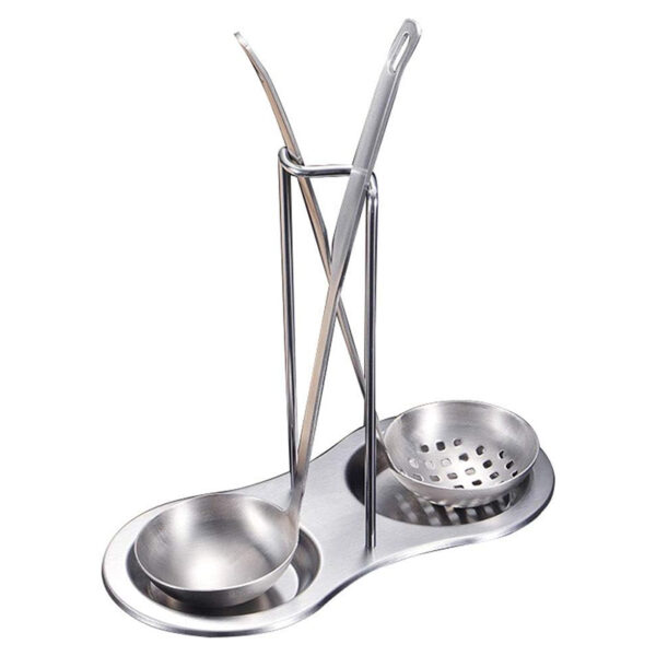 Stainless Steel Standing Spoon Rest with Two Resting Dishes Kitchen Utensil Rest for Spatula Ladle Pot Lid Silver