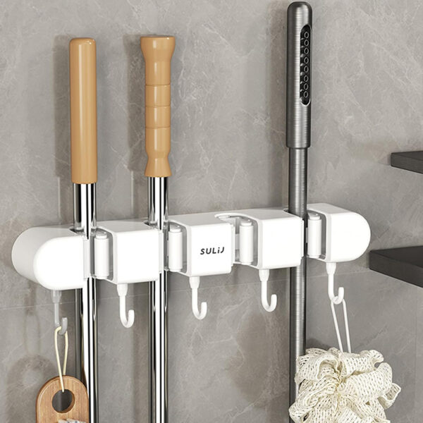 4 Compartments Wall Mounted Drill Free Self Adhesive Broom and Mop Holder for Bathroom and Kitchen
