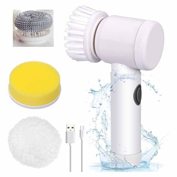 5 in 1 Electric Rotating Cleaning Brush with 4 Changeable Brush Heads and Wall Mounted Self Adhesive Hook Handheld Wireless Electric Cleaning Brush
