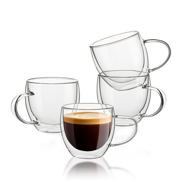 75 ML Set of 5 Double Walled Heat Resistant Clear Glass Coffee Cup with Handle Insulated Thermal Cups for Espresso Arabic Coffee Tea