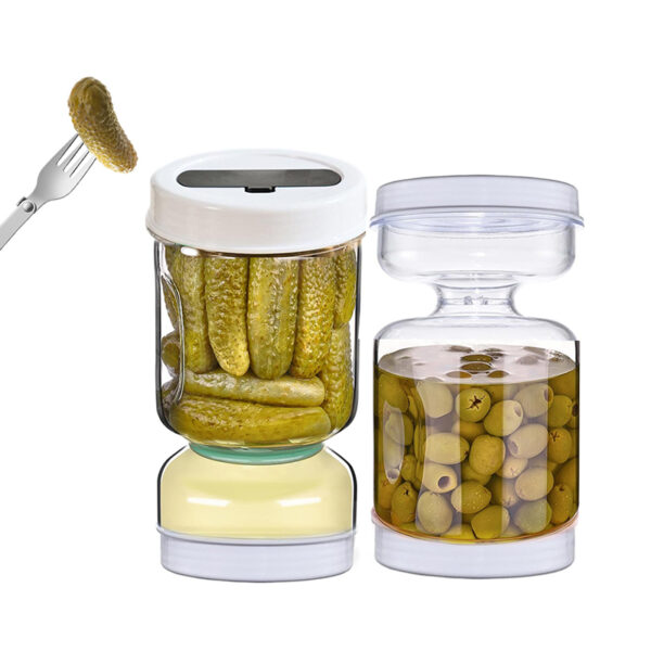 600 ML Hourglass Storage Container with Leak Proof Lid and Foldable Fork Flip Jar Airtight Food Storage with Strainer for Pickles and Olives