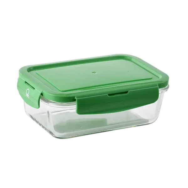 Benetton Rectangular Food Container 840ML Borosilicate Glass Green Lid Rainbow Be