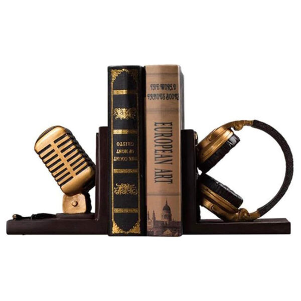 Set of 2 Resin Microphone and Headphones Bookend, Display Art Statue for Living Room Tabletop Office Home Decoration Brown