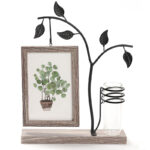 Wooden Double Sided Hanging Photo Frame with Vase and Metal Tree Wooden Display Holder Picture Frames for Living Room Bedroom Tabletop Brown