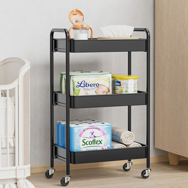 3 Tier Metal Rolling Cart with Wheels Movable Hand Trucks Storage Cart Multipurpose Organizer Trolley for Home Kitchen Bathroom Black