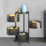 4 Tier Metal Round Kitchen Storage Baskets with Wheels with Brake Fruit and Vegetable Basket Rotating Organizer Rack for Kitchen and Bathroom Black - Image 2