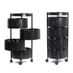 4 Tier Metal Round Kitchen Storage Baskets with Wheels with Brake Fruit and Vegetable Basket Rotating Organizer Rack for Kitchen and Bathroom Black
