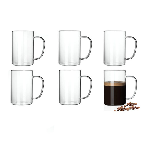 300 ML Set of 6 Crystal Clear Glass Cup with Handles Heat Resistant Transparent Glass Cups for Coffee Tea and Milk