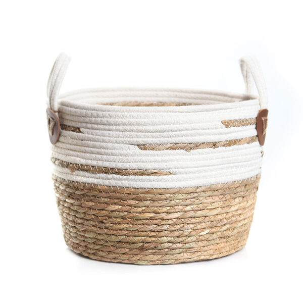 24 CM Multipurpose Handmade Woven Straw and Cotton Storage Basket with Handles Organizer Baskets for Living Room Bedroom Nursery and Laundry