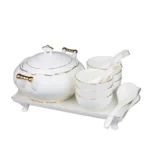 15 Pieces Porcelain Set with Gold Rim Including 1 Piece Serving Bowl with Lid 1 Piece Ladle 6 Pieces Soup Bowls 6 Pieces Spoons and 1 Piece Tray
