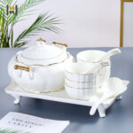 15 Pieces Porcelain Set with Gold Rim Including 1 Piece Serving Bowl with Lid 1 Piece Ladle 6 Pieces Soup Bowls 6 Pieces Spoons and 1 Piece Tray - Image 4