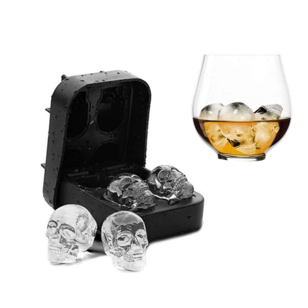 Silicone Skull Shaped Ice Mold with Cover Non Stick Mold for Ice Cube 4 Ice Balls Black