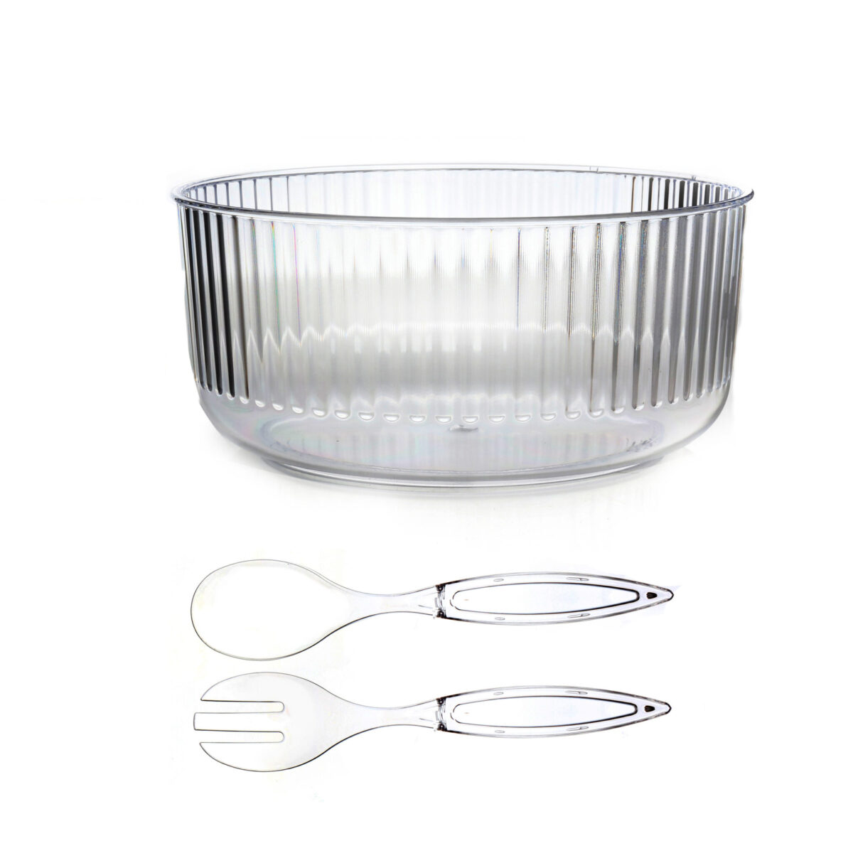 3 L Transparent Plexi Storage Ribbed Bowl with Spoon and Fork Round Serving Salad Bowls for Dinner Buffets and Social Gatherings 1 Piece - Image 4