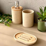 3 Pieces Resin Decorative Bathroom Accessories Set Bath Accessory Kit with Toothbrush Holder Liquid Soap Dispenser and Soap Dish Tray Beige - Image 2