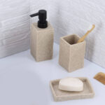 3 Pieces Resin Decorative Bathroom Accessories Set Bath Accessory Kit with Toothbrush Holder Liquid Soap Dispenser and Soap Dish Tray Biege - Image 2