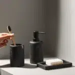 3 Pieces Resin Decorative Bathroom Accessories Set Bath Accessory Kit with Toothbrush Holder Liquid Soap Dispenser and Soap Dish Tray Black - Image 2