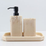 3 Pieces Resin Decorative Bathroom Accessories Set Bath Accessory Kit with Toothbrush Holder Liquid Soap Dispenser and Storage Tray Beige