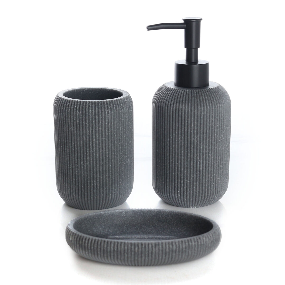 3 Pieces Resin Decorative Bathroom Accessories Set Bath Accessory Striped Kit with Toothbrush Holder Liquid Soap Dispenser and Soap Dish Tray Gray - Image 1