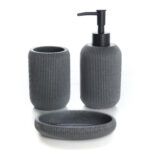 3 Pieces Resin Decorative Bathroom Accessories Set Bath Accessory Striped Kit with Toothbrush Holder Liquid Soap Dispenser and Soap Dish Tray Gray