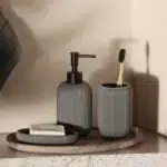 3 Pieces Resin Decorative Bathroom Accessories Set Bath Accessory Striped Kit with Toothbrush Holder Liquid Soap Dispenser and Soap Dish Tray Gray - Image 2