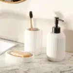 3 Pieces Resin Decorative Bathroom Accessories Set Bath Accessory Striped Kit with Toothbrush Holder Liquid Soap Dispenser and Soap Dish Tray White - Image 2
